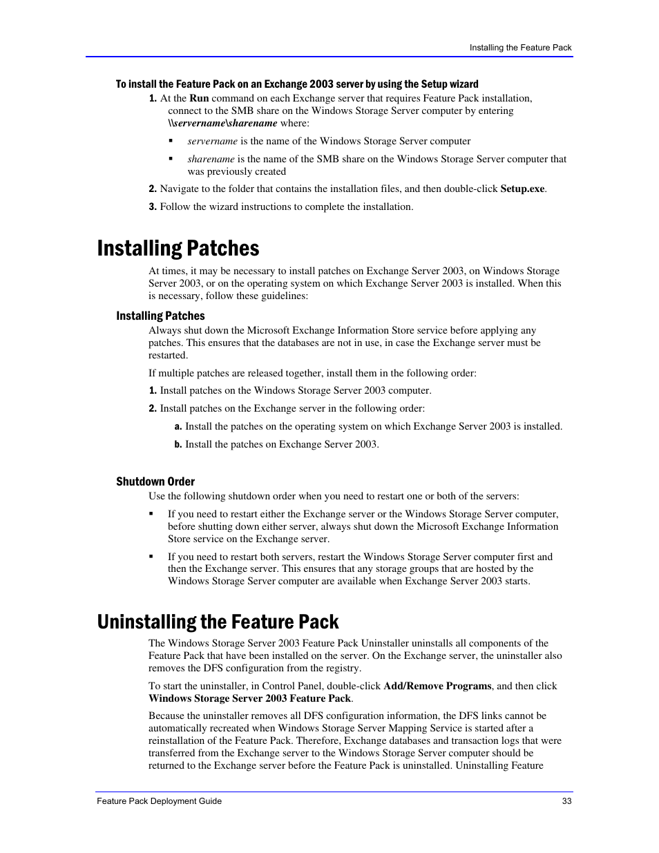 Installing patches, Uninstalling the feature pack | Dell PowerVault 770N (Deskside NAS Appliance) User Manual | Page 33 / 73