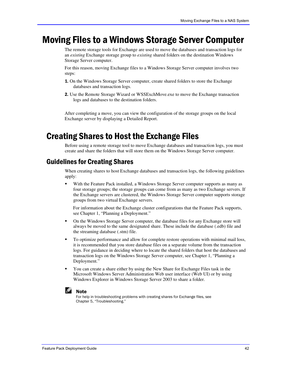 Moving files to a windows storage server computer, Creating shares to host the exchange files, Guidelines for creating shares | Dell PowerVault 770N (Deskside NAS Appliance) User Manual | Page 42 / 73