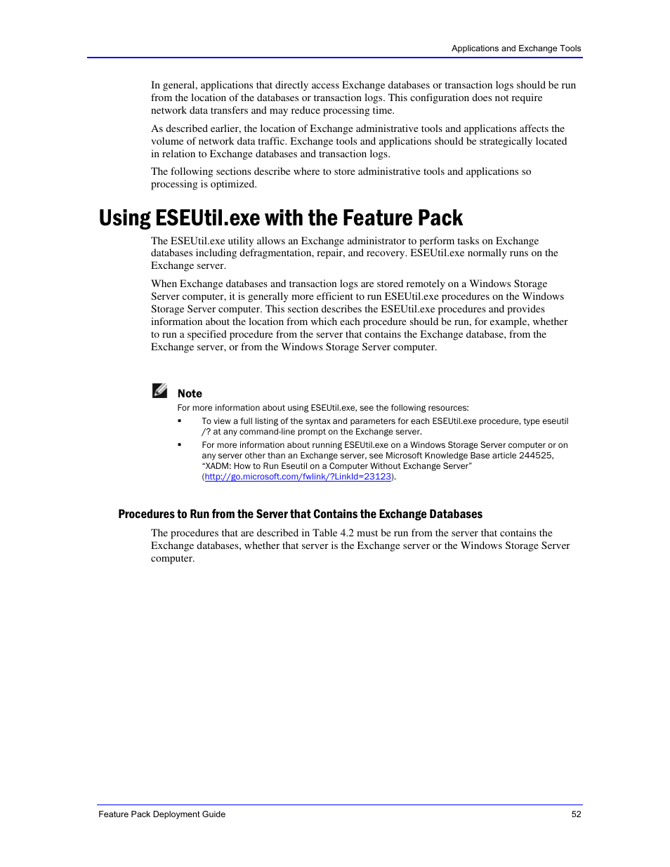 Using eseutil.exe with the feature pack | Dell PowerVault 770N (Deskside NAS Appliance) User Manual | Page 52 / 73