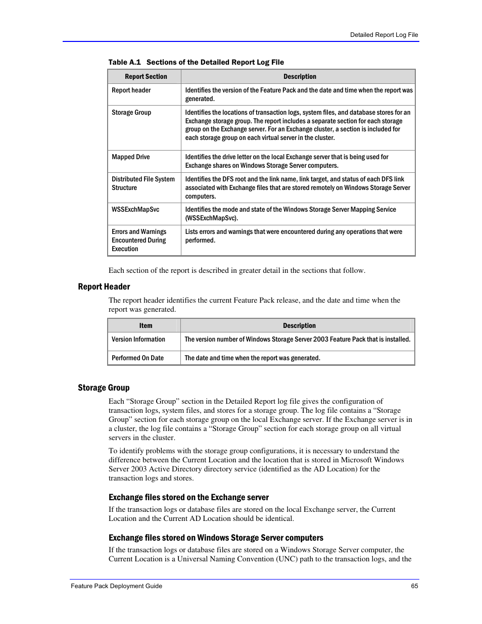 Report header, Storage group, Exchange files stored on the exchange server | Dell PowerVault 770N (Deskside NAS Appliance) User Manual | Page 65 / 73