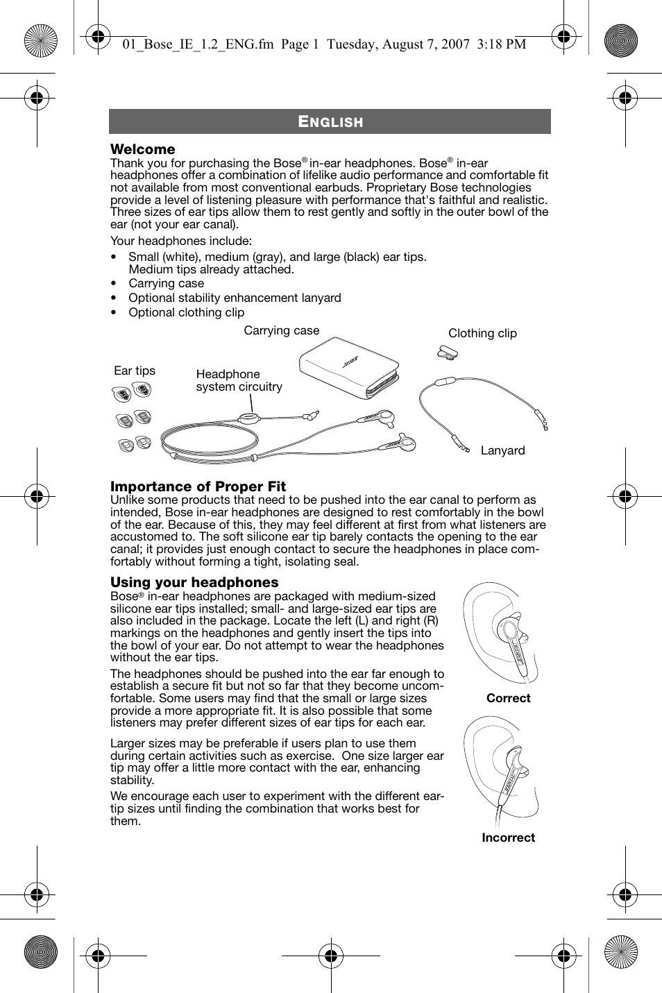 English, Welcome, Carrying case | Importance of proper fit, Using your headphones, Correct | Bose in-ear headphone User Manual | Page 2 / 8
