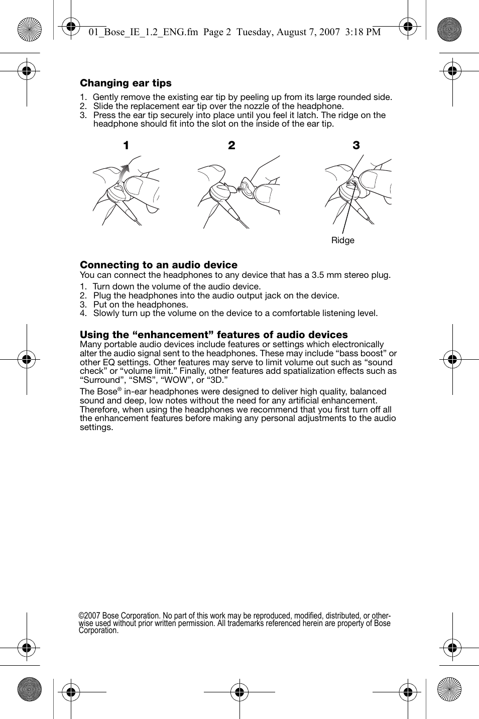 Changing ear tips, Ridge, Connecting to an audio device | Turn down the volume of the audio device, Put on the headphones, Using the “enhancement” features of audio devices | Bose in-ear headphone User Manual | Page 3 / 8