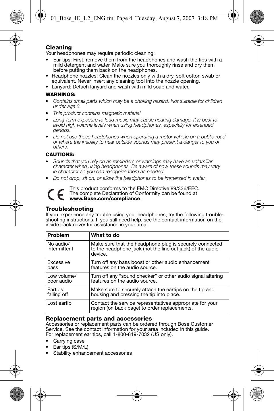 Cleaning, Troubleshooting, Replacement parts and accessories | Bose in-ear headphone User Manual | Page 5 / 8