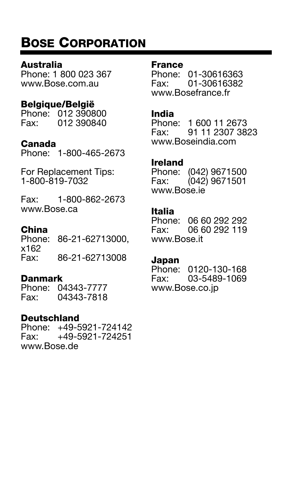 Australia, Belgique/belgië, Canada | China, Danmark, Deutschland, France, India, Ireland, Italia | Bose in-ear headphone User Manual | Page 6 / 8
