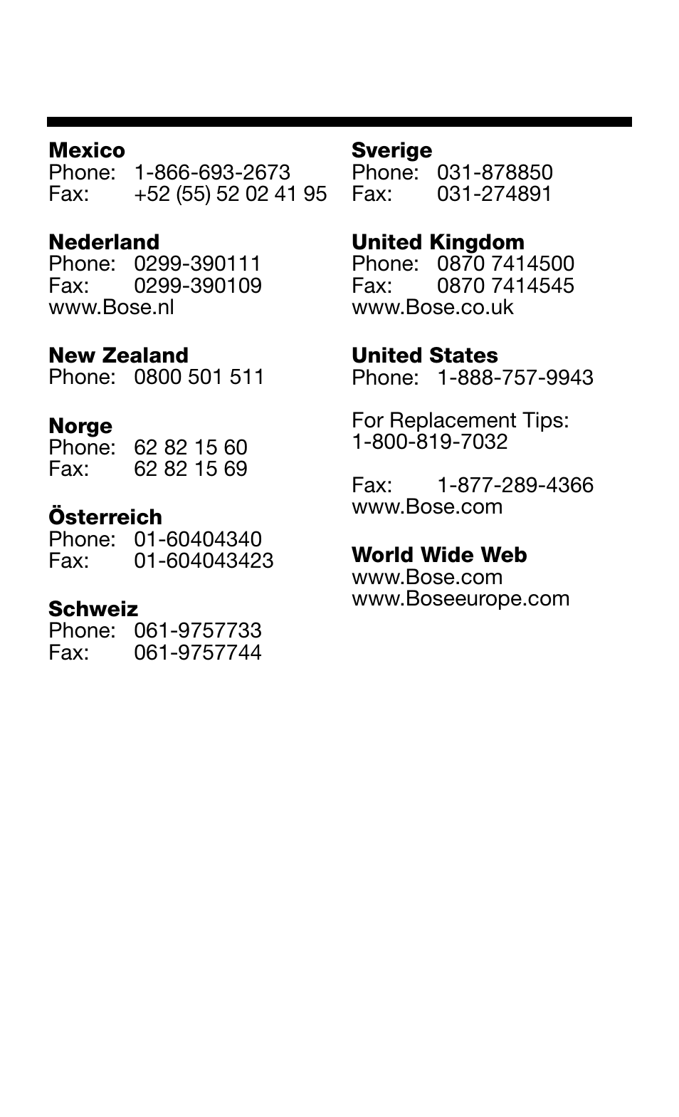 Mexico, Nederland, New zealand | Norge, Österreich, Schweiz, Sverige, United kingdom, United states, World wide web | Bose in-ear headphone User Manual | Page 7 / 8