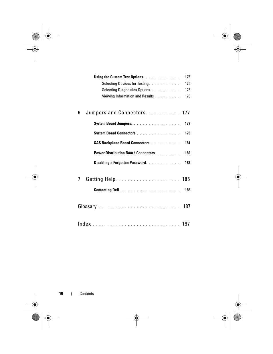 6jumpers and connectors, 7getting help, Glossary | 187 index | Dell PowerEdge T410 User Manual | Page 10 / 204
