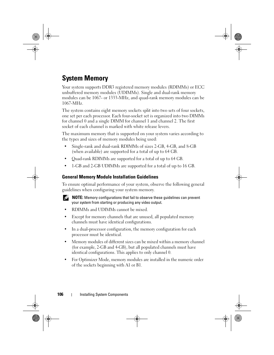 System memory, General memory module installation guidelines | Dell PowerEdge T410 User Manual | Page 106 / 204