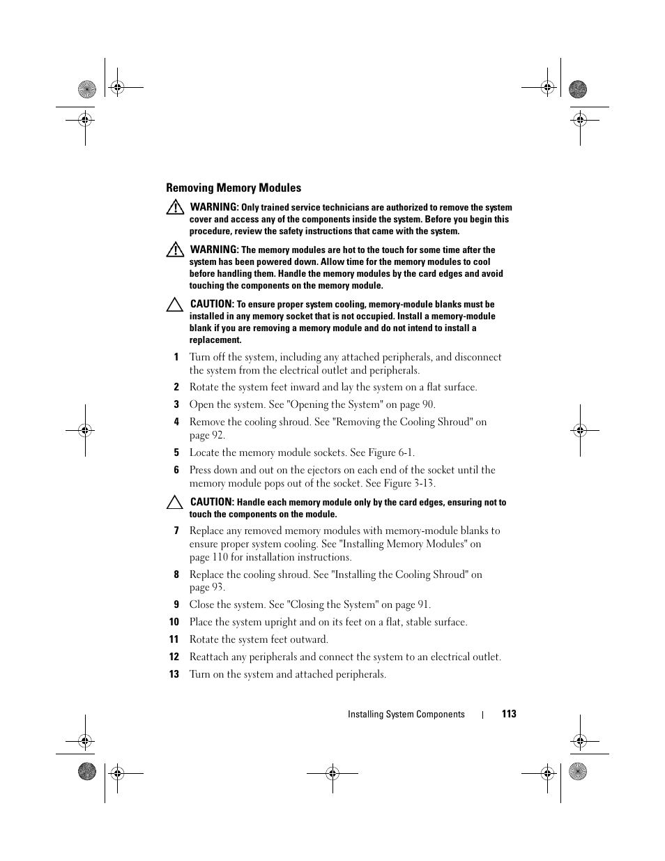 Removing memory modules | Dell PowerEdge T410 User Manual | Page 113 / 204