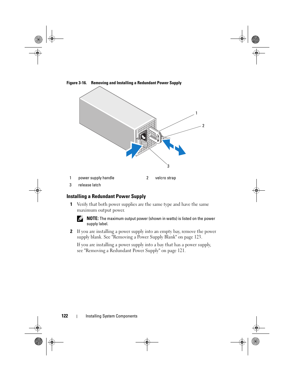 Installing a redundant power supply, Figure 3-16, See "installing a | Dell PowerEdge T410 User Manual | Page 122 / 204