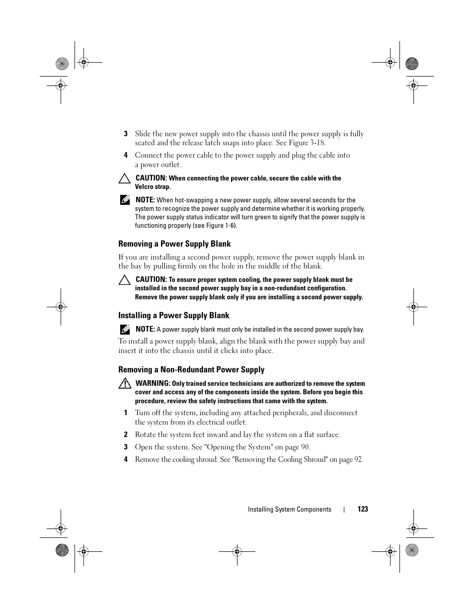 Removing a power supply blank, Installing a power supply blank, Removing a non-redundant power supply | Dell PowerEdge T410 User Manual | Page 123 / 204