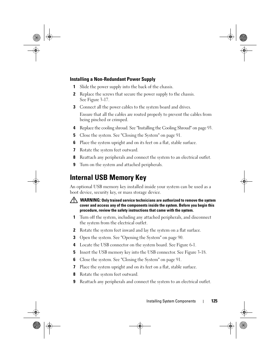 Installing a non-redundant power supply, Internal usb memory key | Dell PowerEdge T410 User Manual | Page 125 / 204