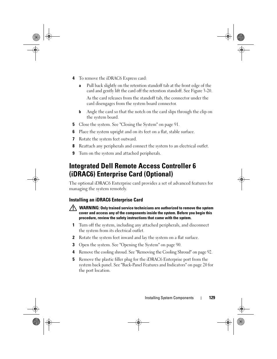 Installing an idrac6 enterprise card | Dell PowerEdge T410 User Manual | Page 129 / 204