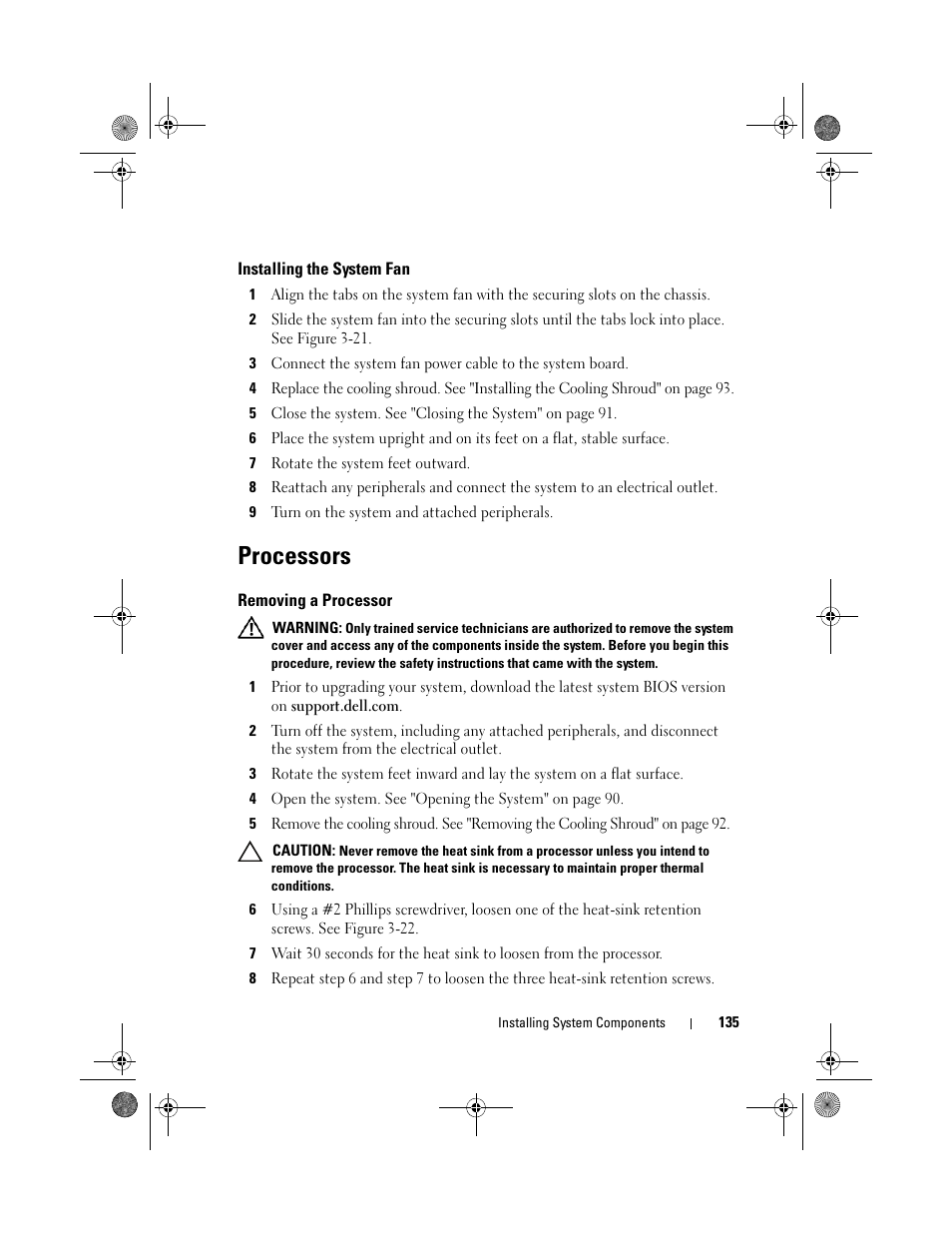 Installing the system fan, Processors, Removing a processor | Dell PowerEdge T410 User Manual | Page 135 / 204