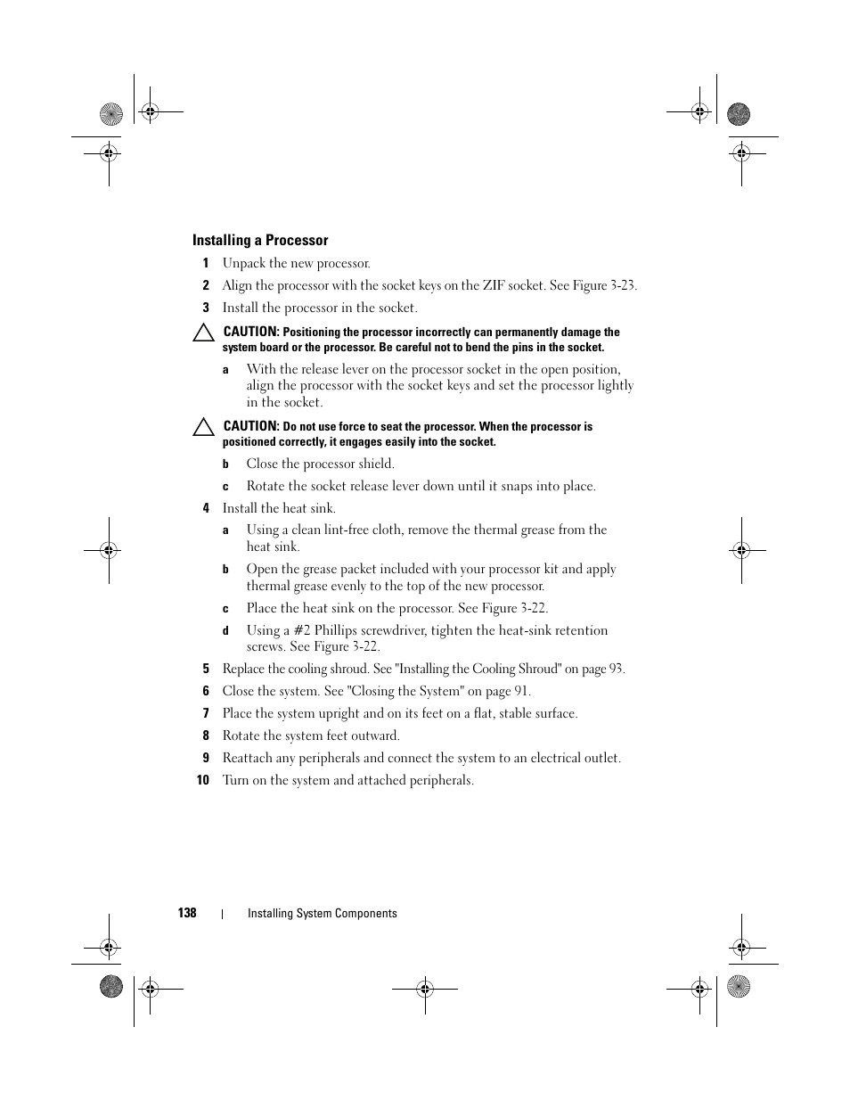 Installing a processor | Dell PowerEdge T410 User Manual | Page 138 / 204