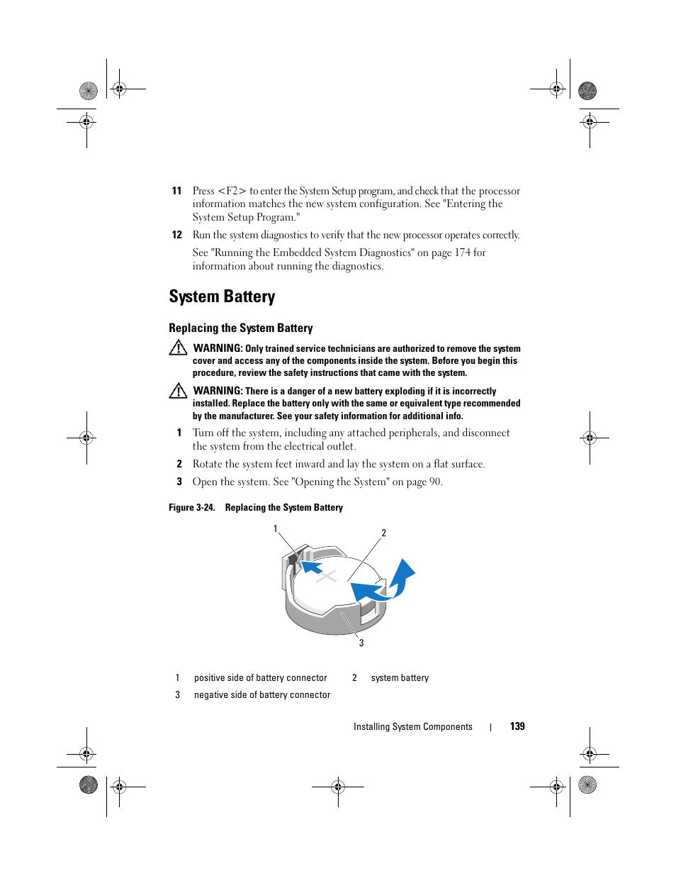 System battery, Replacing the system battery | Dell PowerEdge T410 User Manual | Page 139 / 204