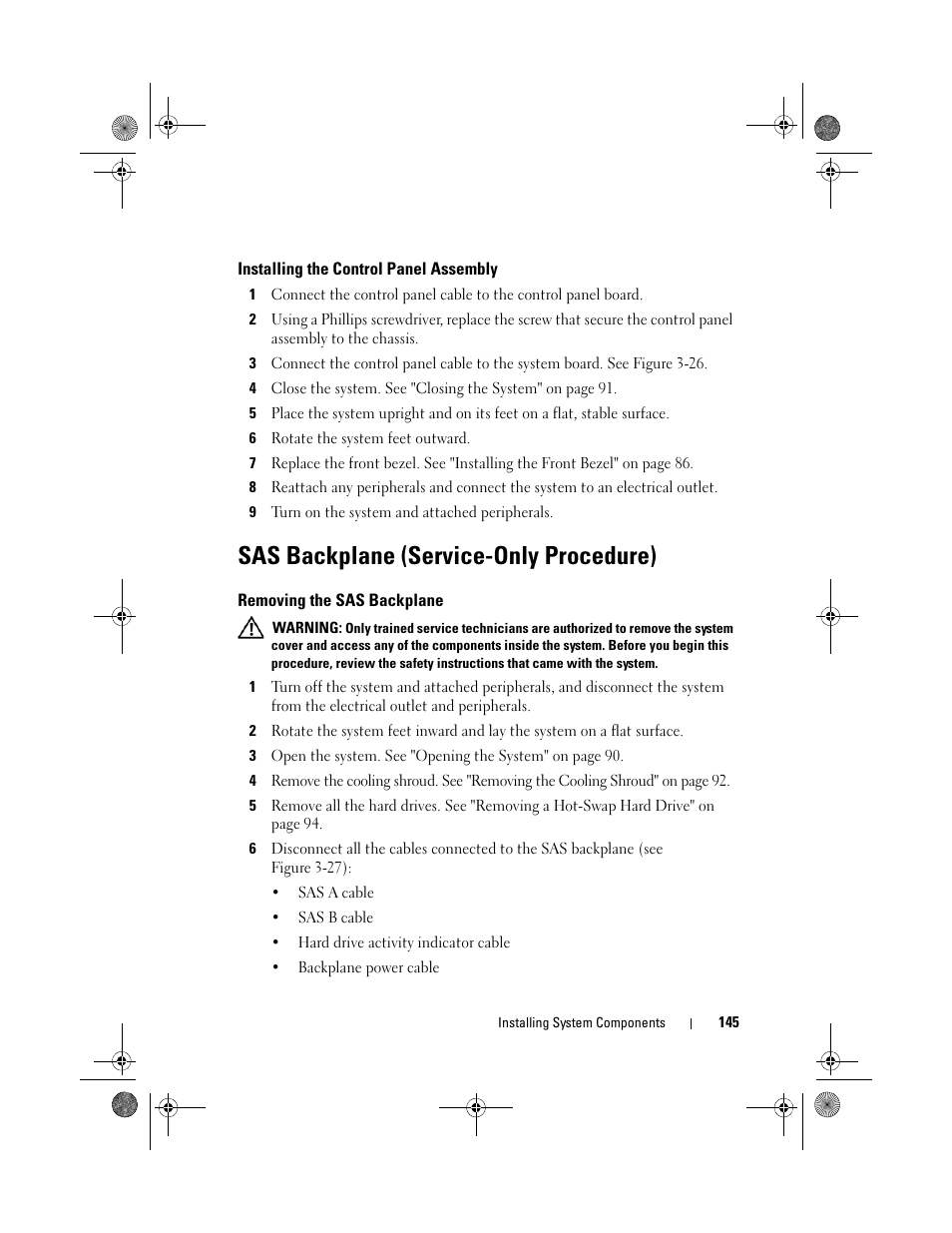 Installing the control panel assembly, Sas backplane (service-only procedure), Removing the sas backplane | Dell PowerEdge T410 User Manual | Page 145 / 204