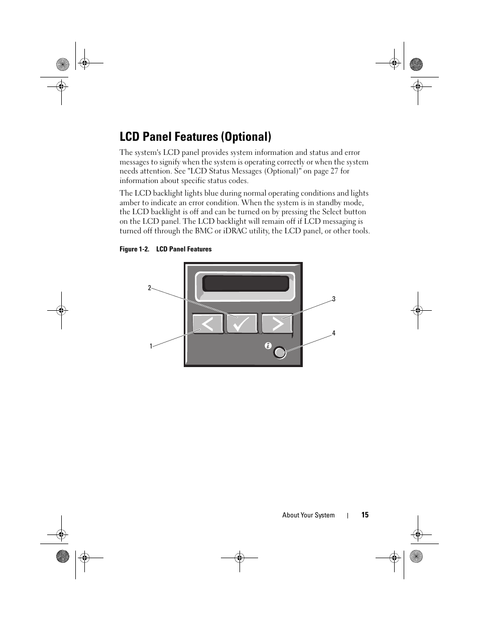 Lcd panel features (optional) | Dell PowerEdge T410 User Manual | Page 15 / 204