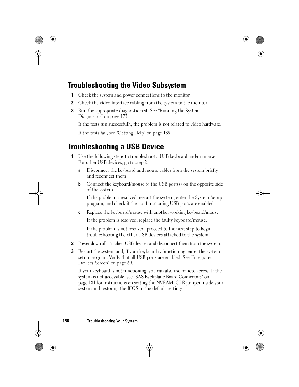 Troubleshooting the video subsystem, Troubleshooting a usb device | Dell PowerEdge T410 User Manual | Page 158 / 204