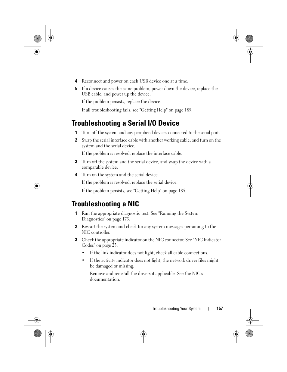 Troubleshooting a serial i/o device, Troubleshooting a nic | Dell PowerEdge T410 User Manual | Page 159 / 204