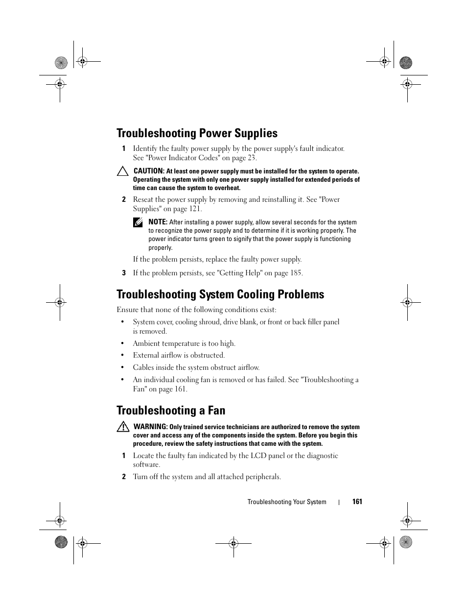 Troubleshooting power supplies, Troubleshooting system cooling problems, Troubleshooting a fan | Dell PowerEdge T410 User Manual | Page 163 / 204