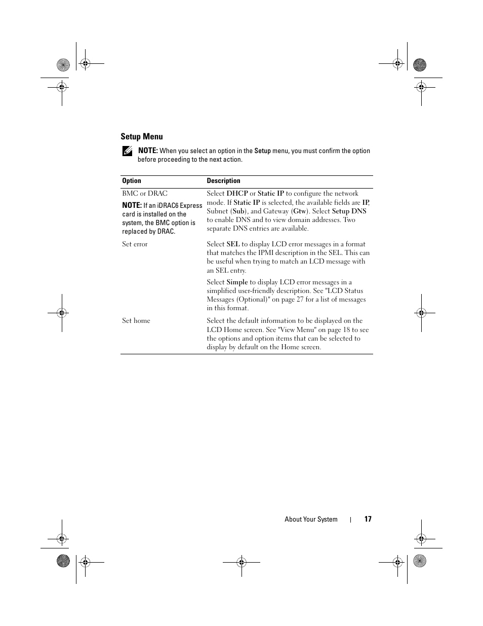 Setup menu | Dell PowerEdge T410 User Manual | Page 17 / 204