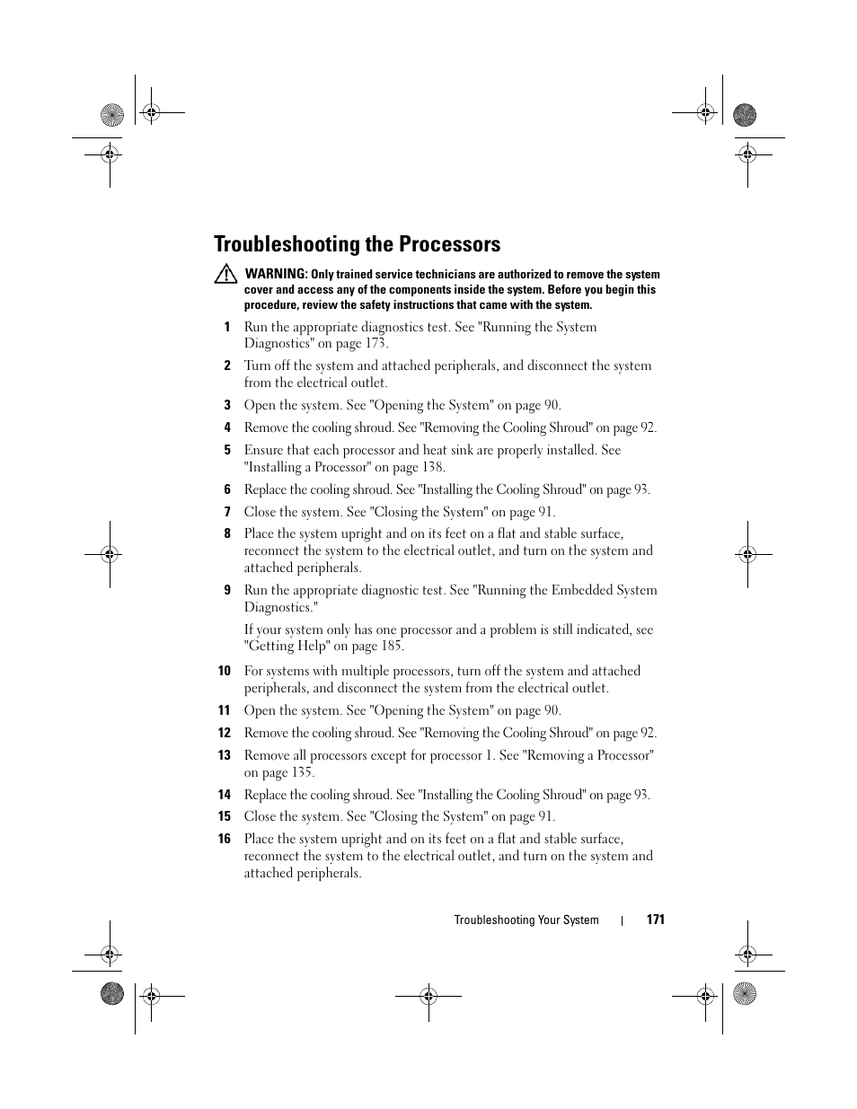 Troubleshooting the processors, See "troubleshooting the | Dell PowerEdge T410 User Manual | Page 173 / 204