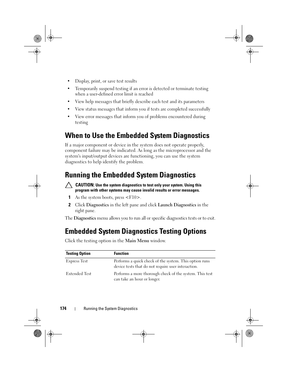 When to use the embedded system diagnostics, Running the embedded system diagnostics, Embedded system diagnostics testing options | See "running the embedded system, Diagnostics | Dell PowerEdge T410 User Manual | Page 176 / 204