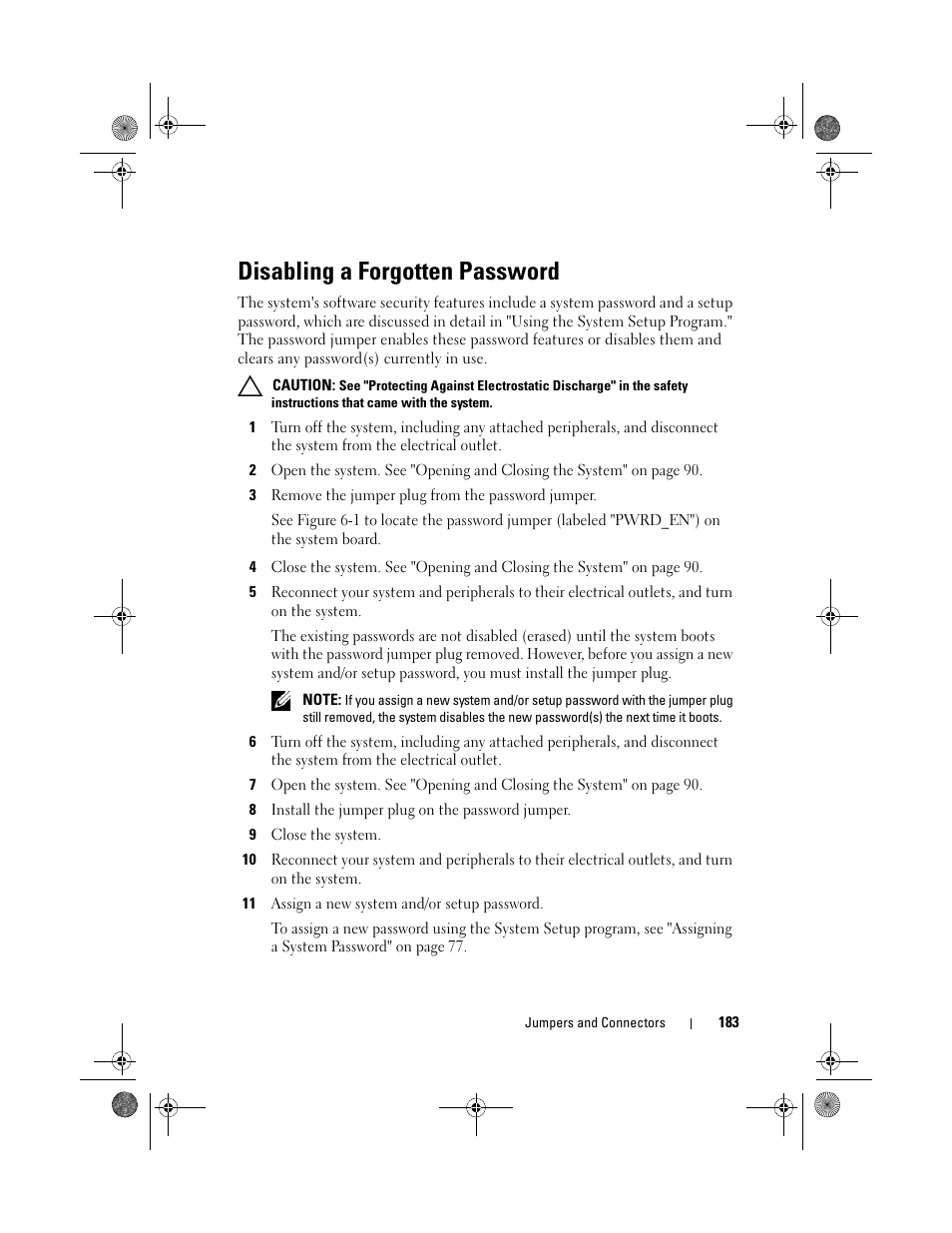Disabling a forgotten password | Dell PowerEdge T410 User Manual | Page 185 / 204