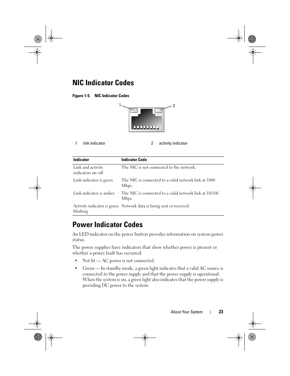 Nic indicator codes, Power indicator codes | Dell PowerEdge T410 User Manual | Page 23 / 204