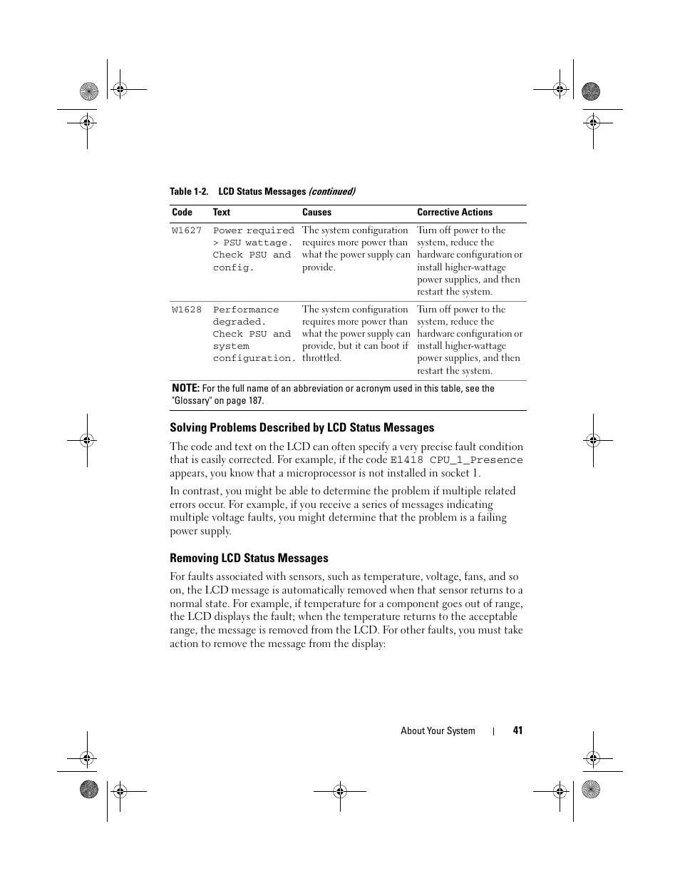 Solving problems described by lcd status messages, Removing lcd status messages | Dell PowerEdge T410 User Manual | Page 41 / 204