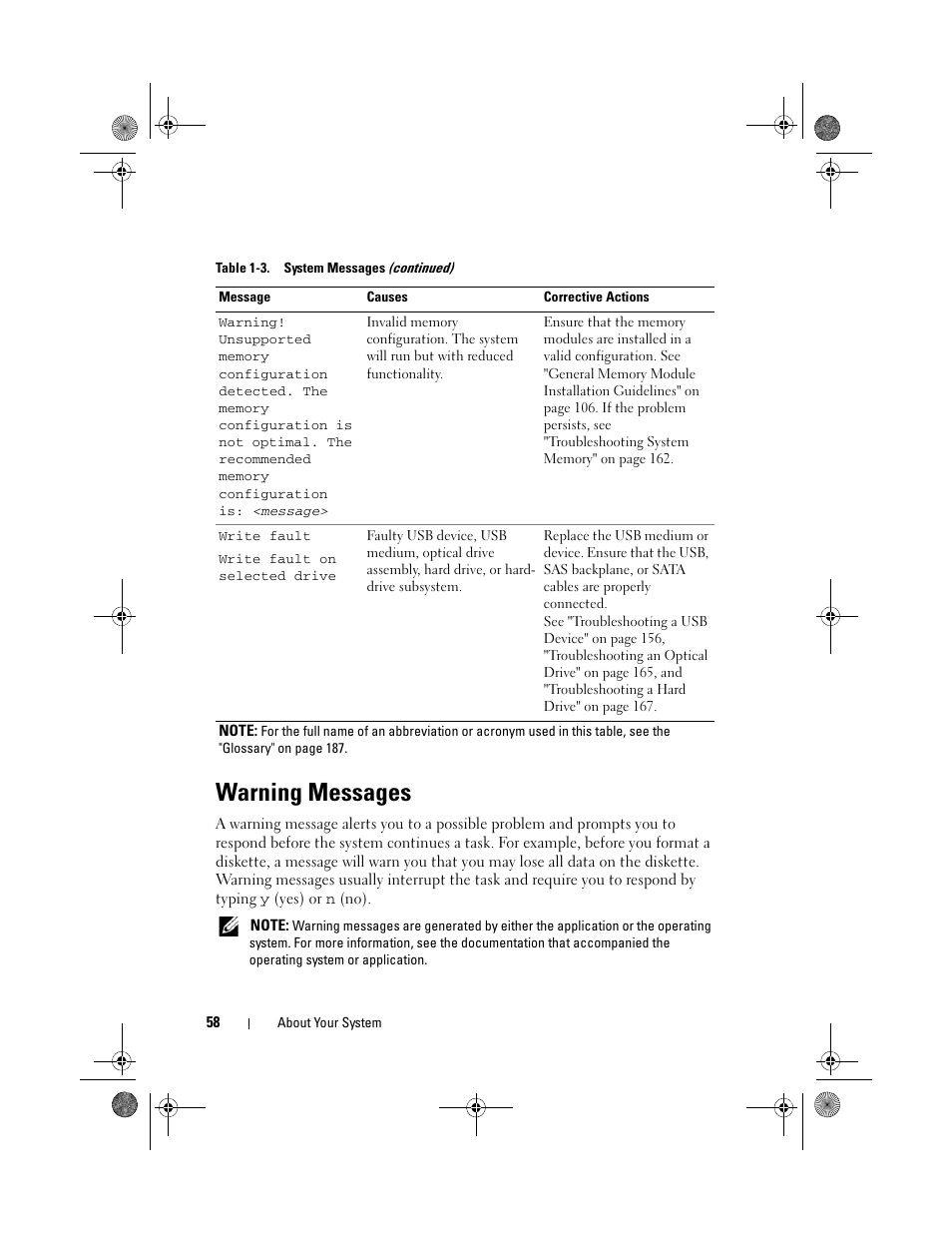 Warning messages | Dell PowerEdge T410 User Manual | Page 58 / 204