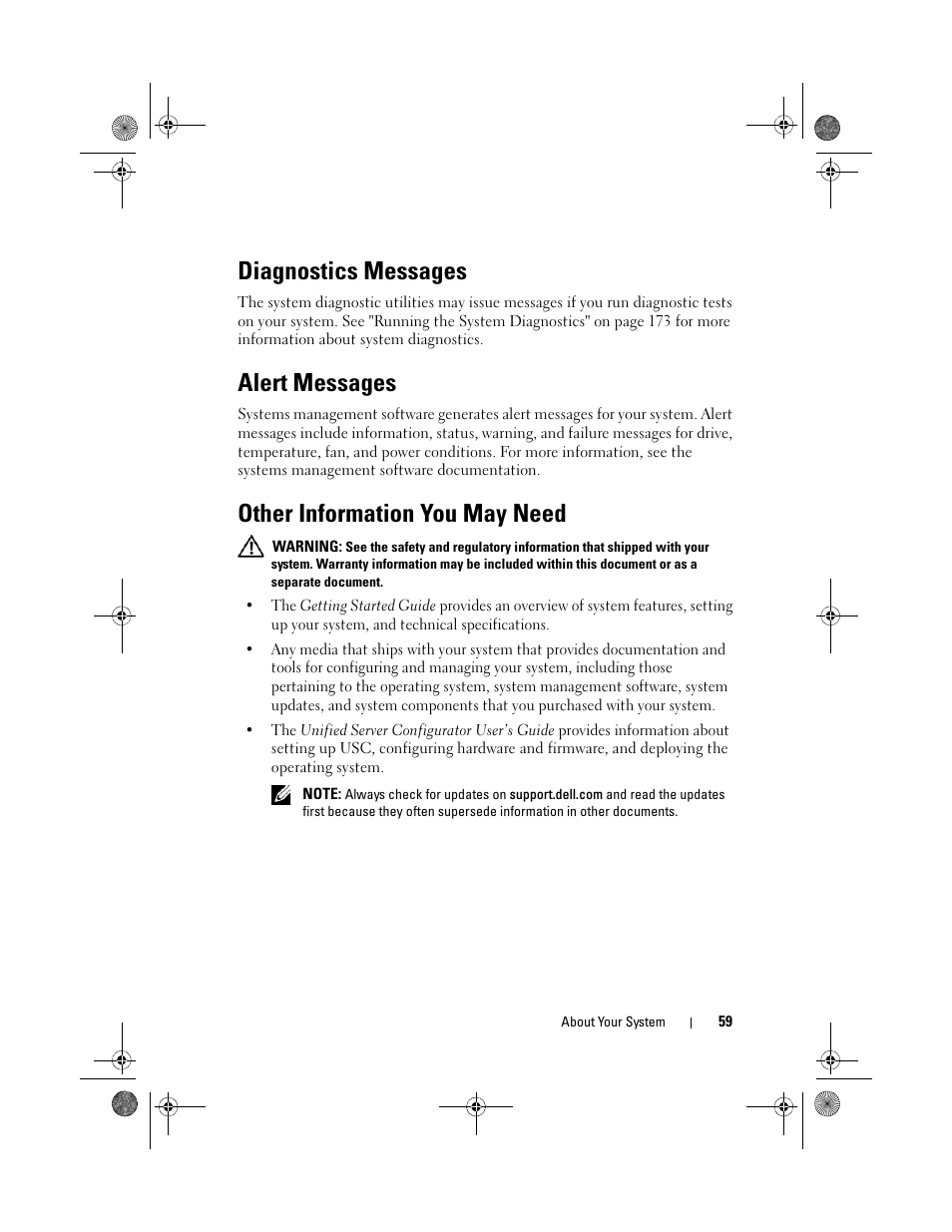 Diagnostics messages, Alert messages, Other information you may need | Dell PowerEdge T410 User Manual | Page 59 / 204