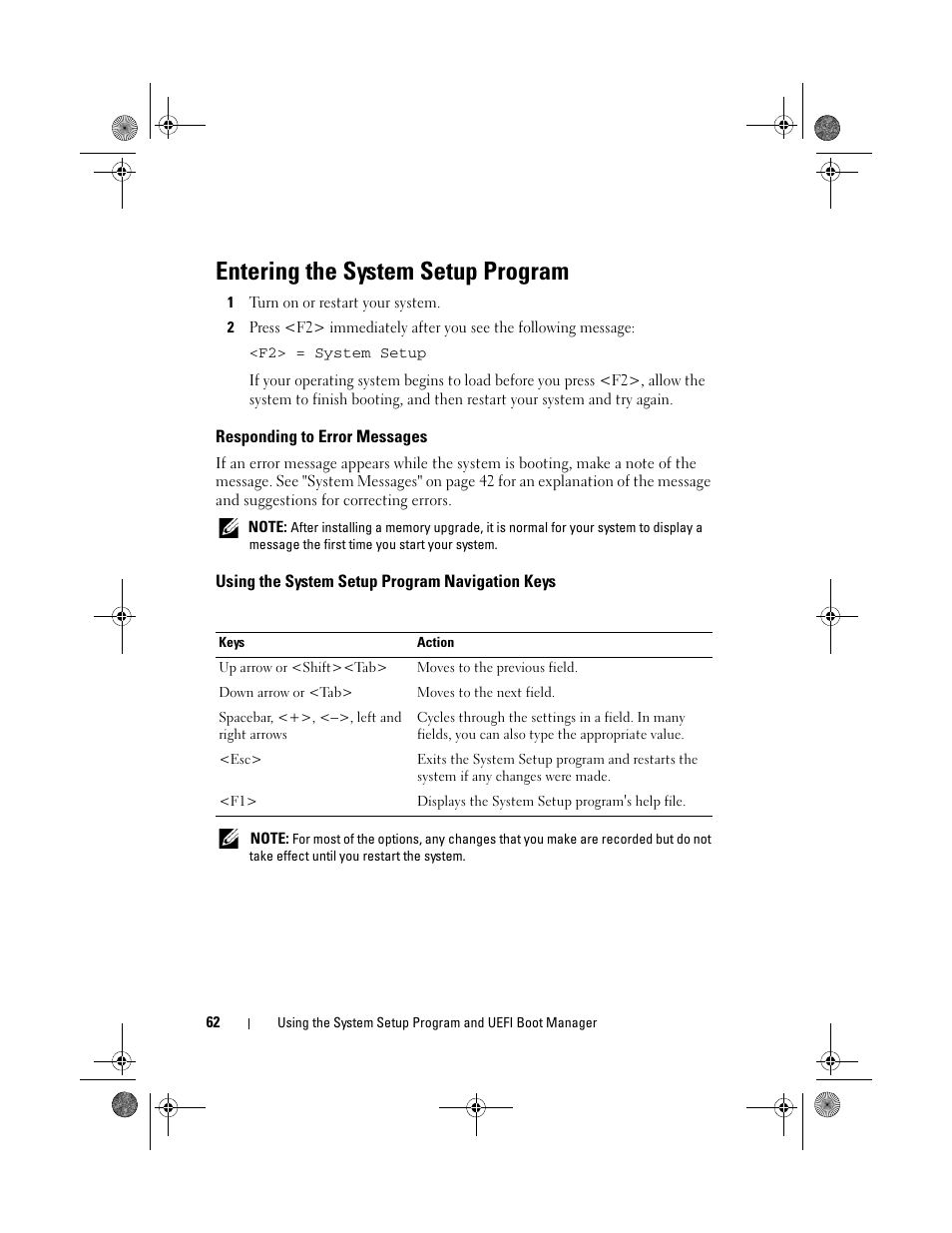 Entering the system setup program, Responding to error messages, Using the system setup program navigation keys | Dell PowerEdge T410 User Manual | Page 62 / 204