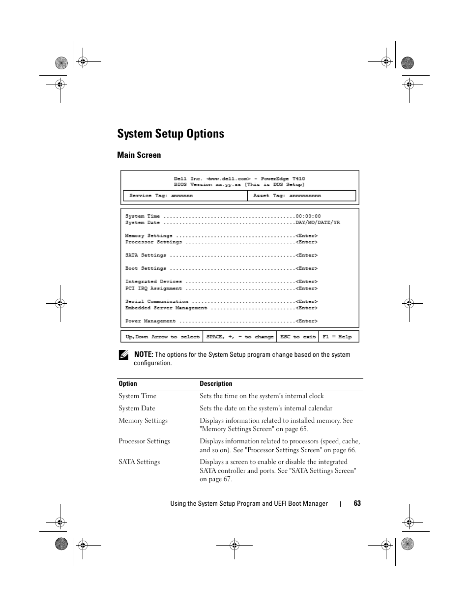 System setup options, Main screen | Dell PowerEdge T410 User Manual | Page 63 / 204