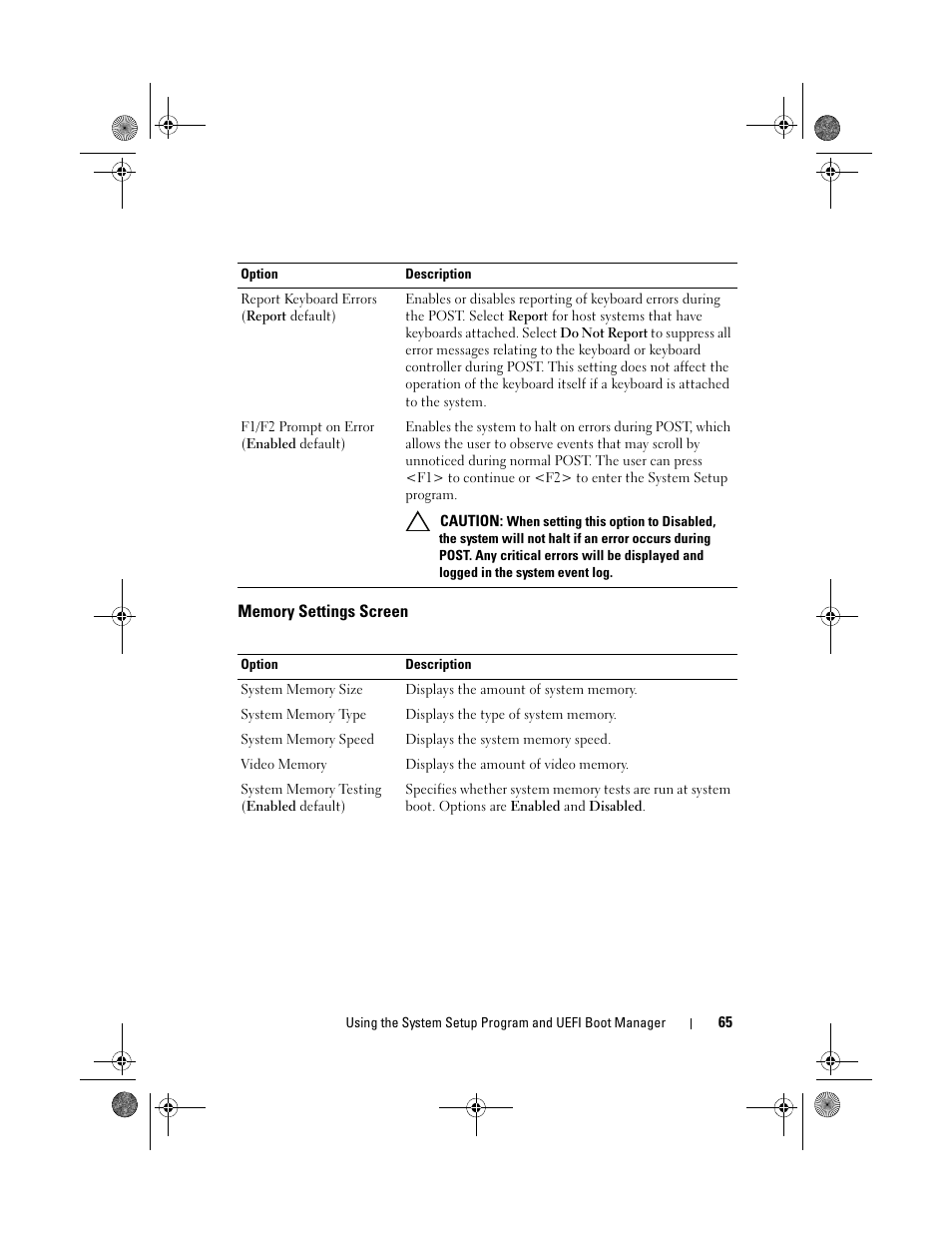 Memory settings screen | Dell PowerEdge T410 User Manual | Page 65 / 204