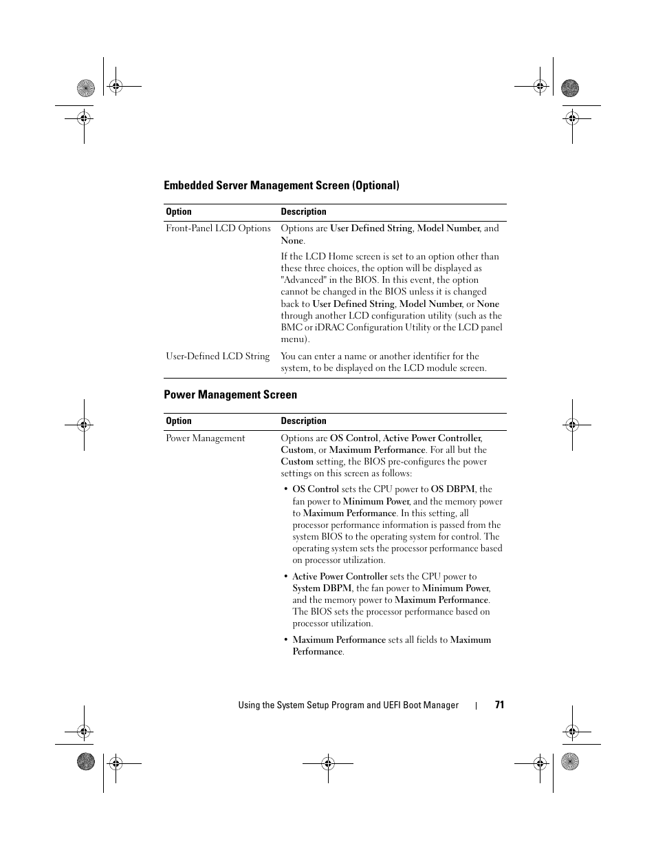 Embedded server management screen (optional), Power management screen | Dell PowerEdge T410 User Manual | Page 71 / 204