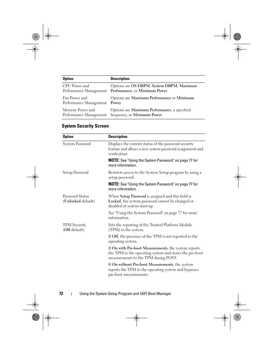 System security screen | Dell PowerEdge T410 User Manual | Page 72 / 204