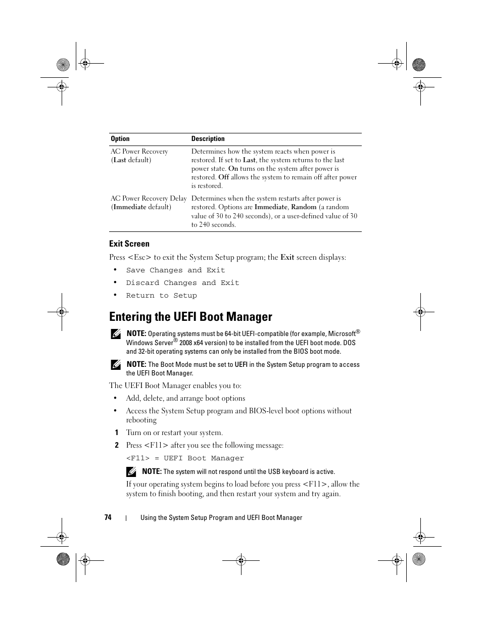 Exit screen, Entering the uefi boot manager | Dell PowerEdge T410 User Manual | Page 74 / 204