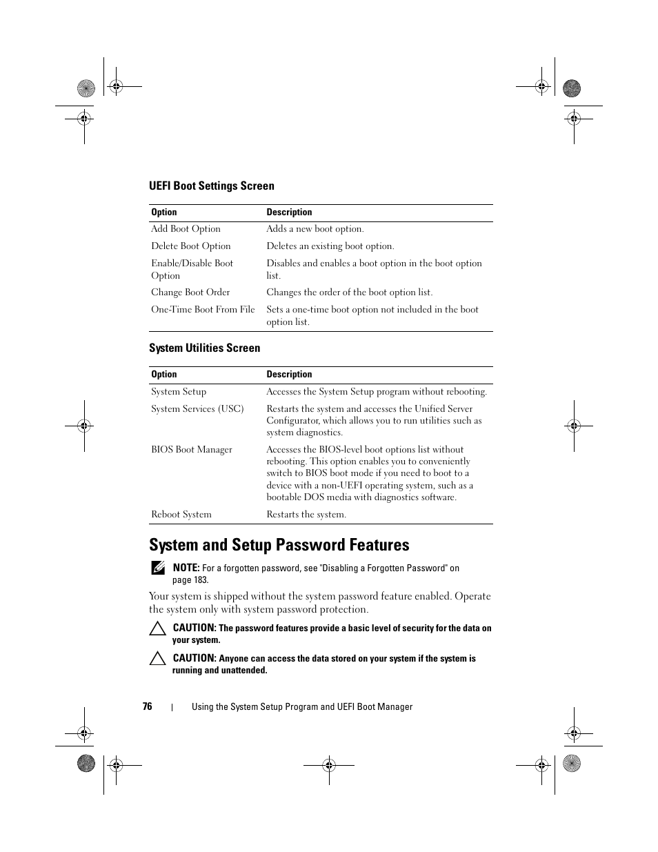 Uefi boot settings screen, System utilities screen, System and setup password features | Dell PowerEdge T410 User Manual | Page 76 / 204