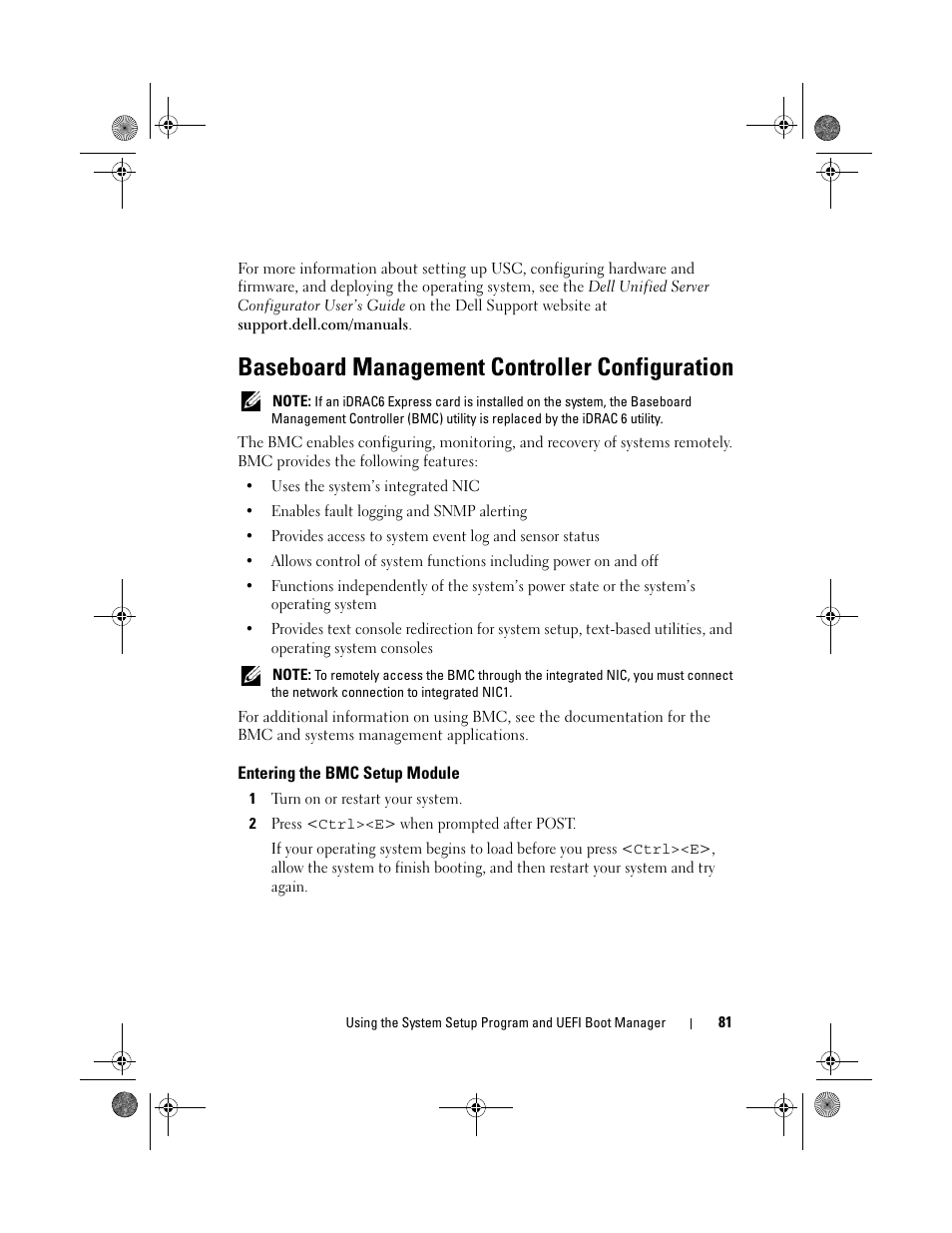 Baseboard management controller configuration, Entering the bmc setup module | Dell PowerEdge T410 User Manual | Page 81 / 204