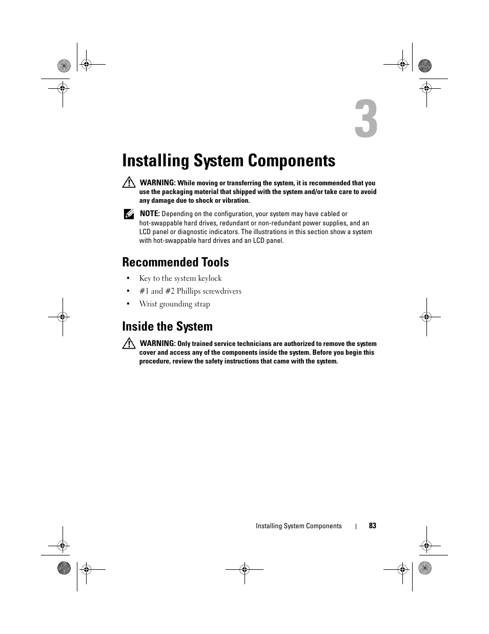 Installing system components, Recommended tools, Inside the system | Dell PowerEdge T410 User Manual | Page 83 / 204