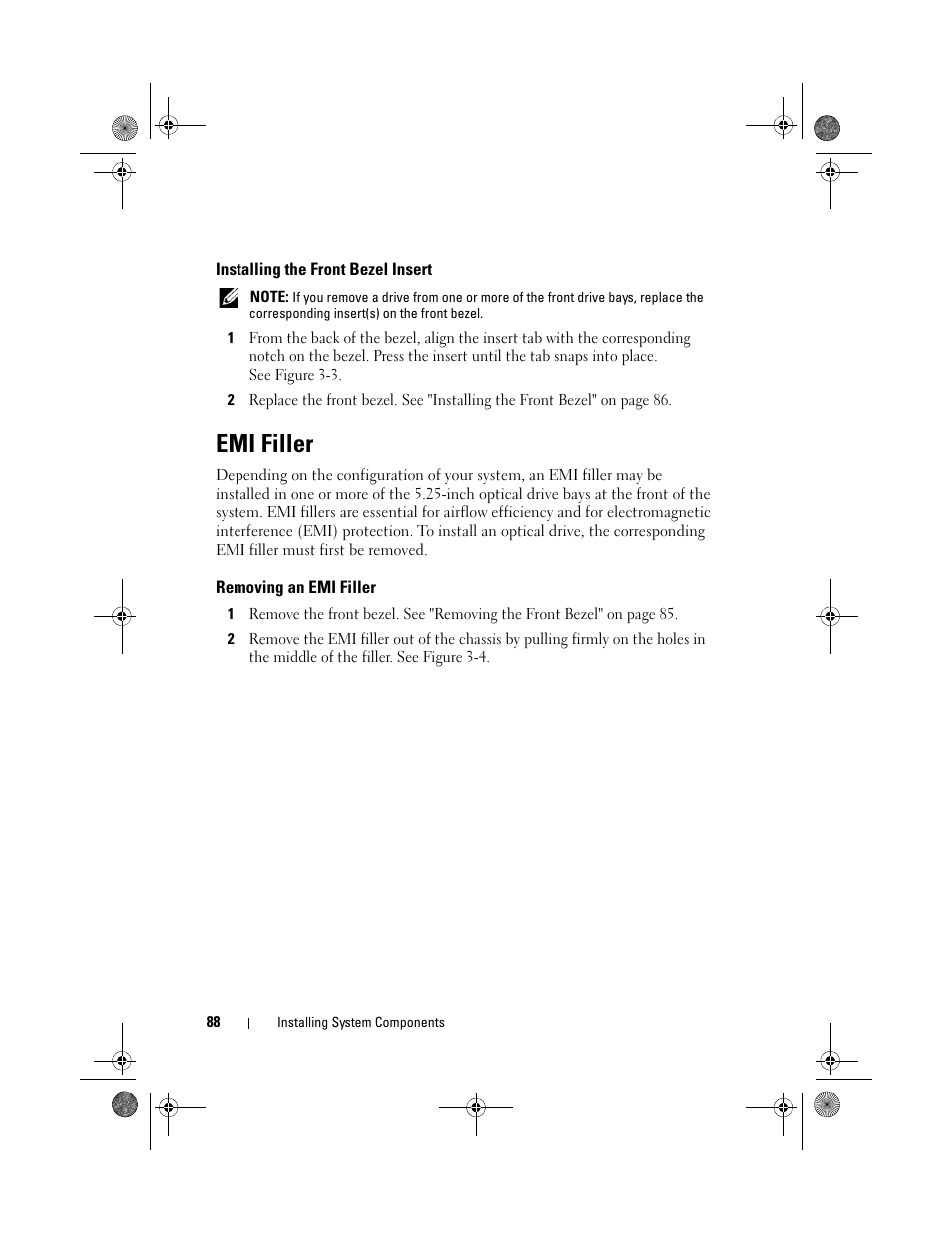 Installing the front bezel insert, Emi filler, Removing an emi filler | Dell PowerEdge T410 User Manual | Page 88 / 204