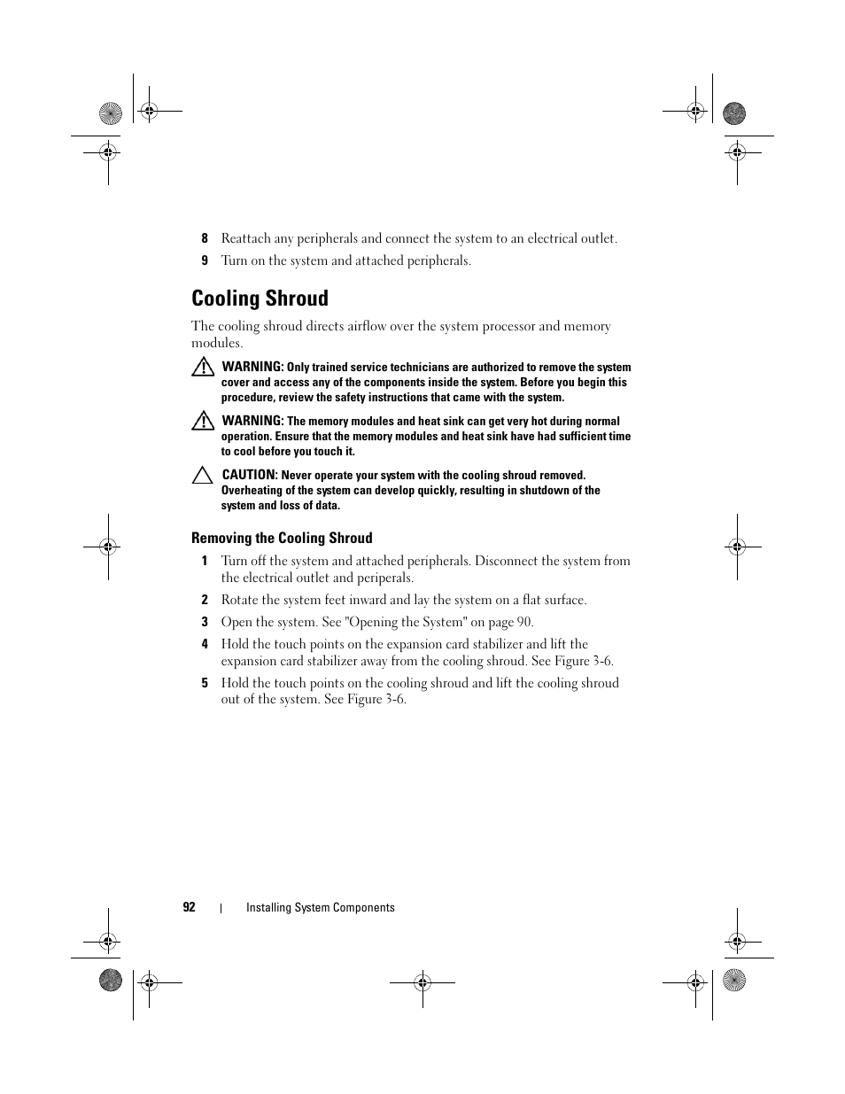 Cooling shroud, Removing the cooling shroud | Dell PowerEdge T410 User Manual | Page 92 / 204