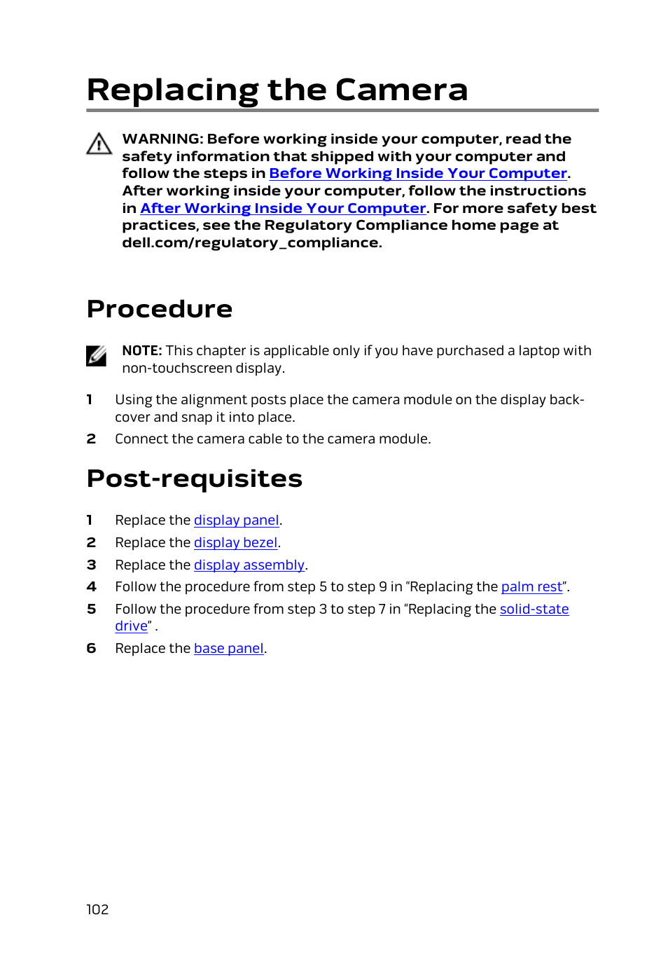 Replacing the camera, Procedure, Post-requisites | Dell Alienware 13 (Late 2014) User Manual | Page 102 / 119