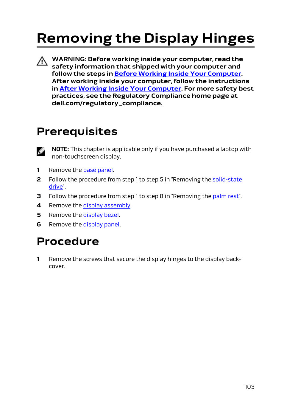 Removing the display hinges, Prerequisites, Procedure | Dell Alienware 13 (Late 2014) User Manual | Page 103 / 119