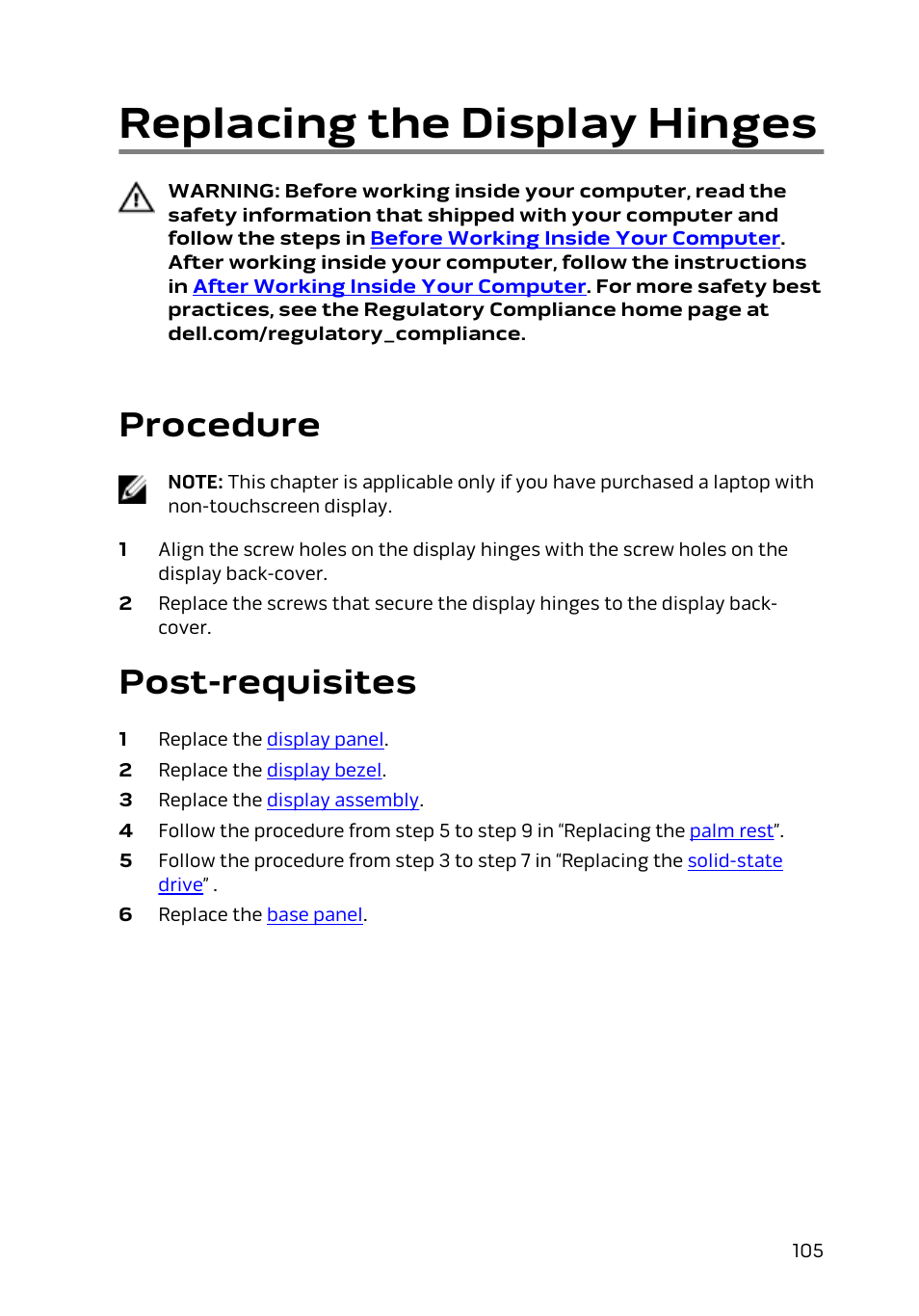 Replacing the display hinges, Procedure, Post-requisites | Dell Alienware 13 (Late 2014) User Manual | Page 105 / 119
