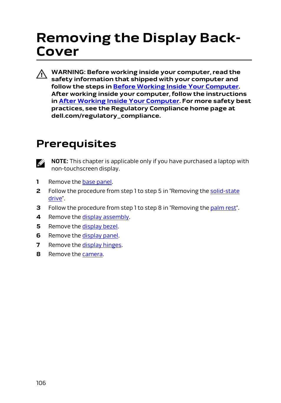 Removing the display back-cover, Prerequisites, Removing the display back- cover | Dell Alienware 13 (Late 2014) User Manual | Page 106 / 119