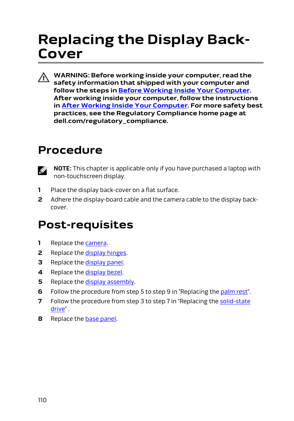 Replacing the display back-cover, Procedure, Post-requisites | Replacing the display back- cover | Dell Alienware 13 (Late 2014) User Manual | Page 110 / 119