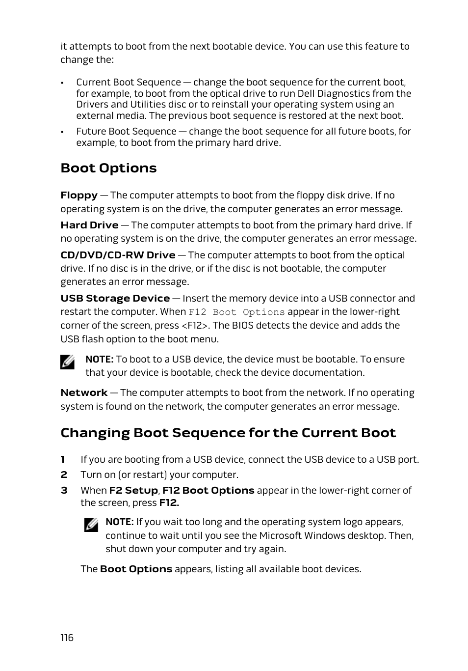 Boot options, Changing boot sequence for the current boot | Dell Alienware 13 (Late 2014) User Manual | Page 116 / 119