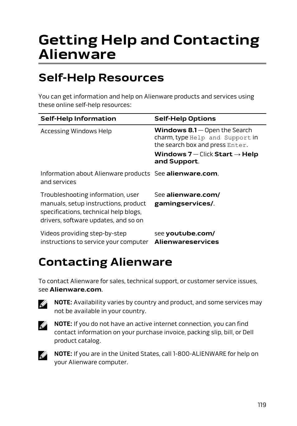 Getting help and contacting alienware, Self-help resources, Contacting alienware | Dell Alienware 13 (Late 2014) User Manual | Page 119 / 119